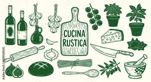 Cucina Rustica vector illustration set. Vintage engraving style graphics of Italian kitchen ingredients and tools for cooking, menu, and food design.