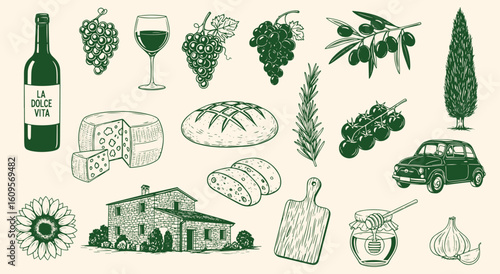 La Dolce Vita vector illustration set. Green vintage engraving style graphics of Italian countryside elements like wine, cheese, and a farmhouse for travel and food design.