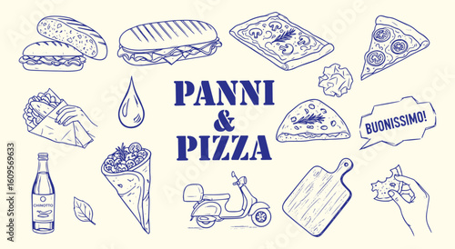 Panni & Pizza vector illustration set. Hand drawn blue line art of Italian street food like panini, pizza, and wraps for restaurant, menu, and fast casual design.
