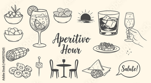 Aperitivo Hour vector illustration set. Hand drawn sketch of Italian food, drinks, and cocktail elements for restaurant, bar, menu, and happy hour design projects.