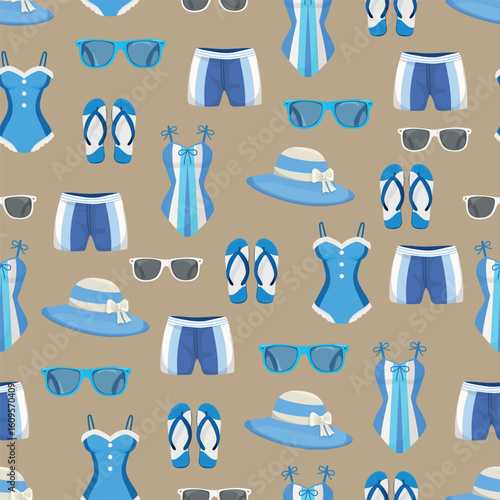 Swimming suit seamless pattern. Flat vector clipart, illustration with isolated background.