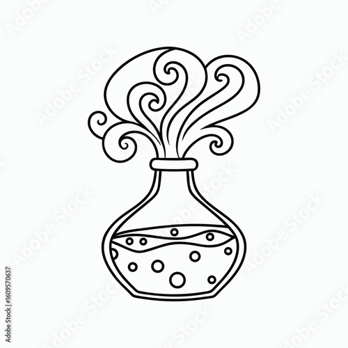 Magic Potion Bottle with Swirls and Bubbles Line Art Vector Illustration