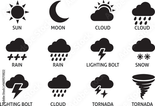 Weather icons sun moon cloud rain lightning snow tornado