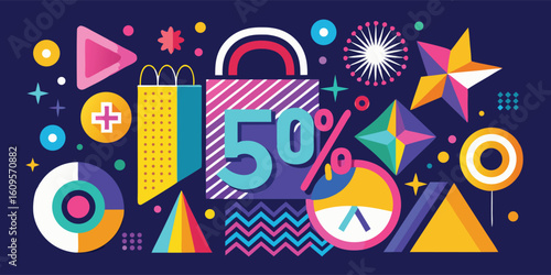 Colorful sale banner featuring vibrant designs and a shopping bag, promoting discounts and special offers..eps