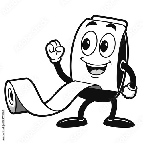 Cheerful cartoon tape dispenser character with unrolled tape illustration white background