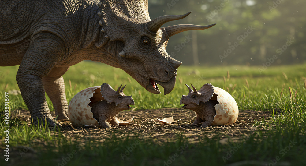 Fototapeta premium baby dinosaur hatching an egg with sibling in the jungle and forest 