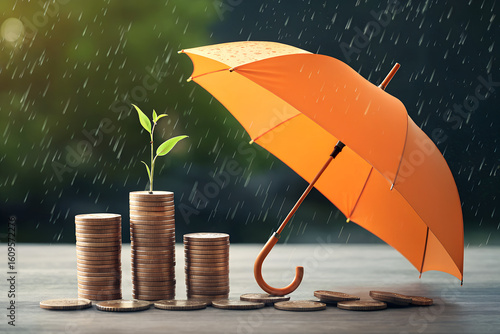 Orange umbrella protects coin stacks from rain, financial protection. Investment security, wealth, economy stability. Safety planning for retirement in future. Growth asset, prosperity insurance See L