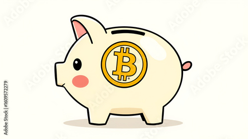 A cute kiddish piggy bank with bitcoin icon in the center, a perfect icon for bitcoin piggy bank