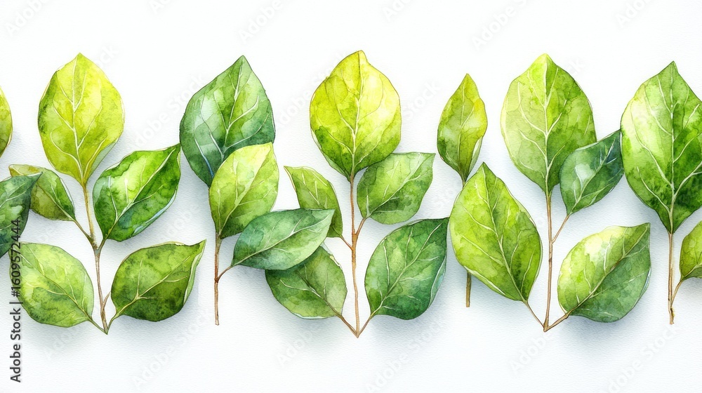 Obraz premium Fresh foliage, green leaves line a white background