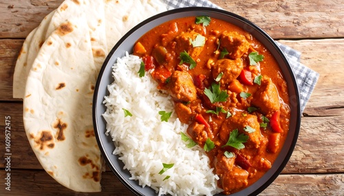 Chicken curry, rice, and naan