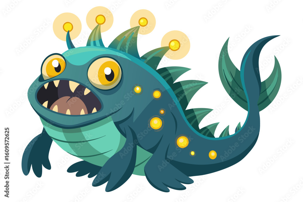 Obraz premium A humorous and colorful cartoon illustration of an anglerfish with a glowing lure, large eyes, and a wide mouth full of sharp teeth. 