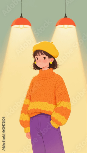 A cartoon girl in a yellow hat, an orange knitted sweater and purple pants, with two chandeliers shining above her head. Vector graphics. EPS.
