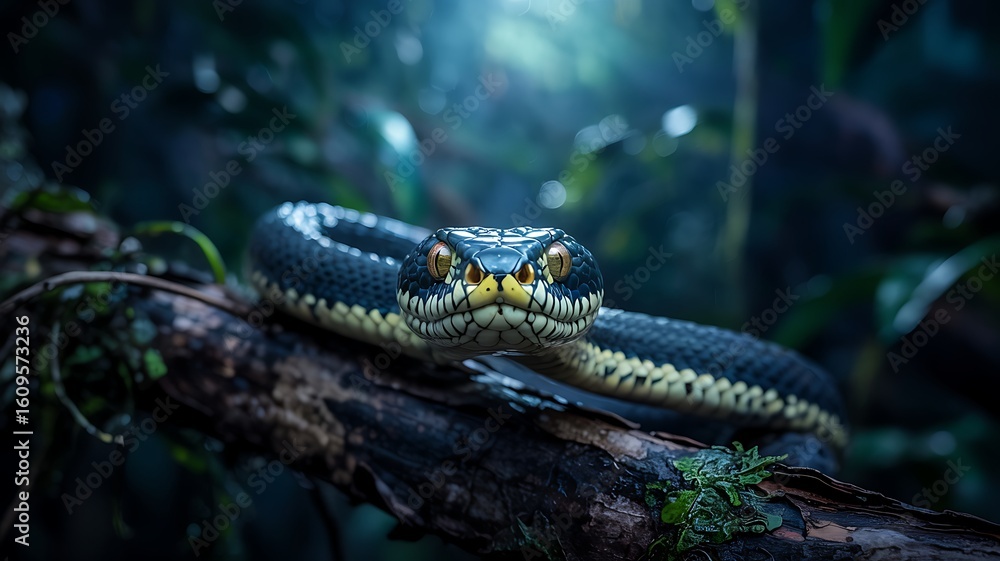 Fototapeta premium Close up of a striking green pit viper snake with intense yellow eyes coiled on a mossy branch in a lush dark jungle with soft blue light