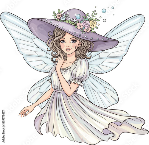 A magical cartoon princess fairy with pink wings and a magic wand, an illustration of fantasy and beauty