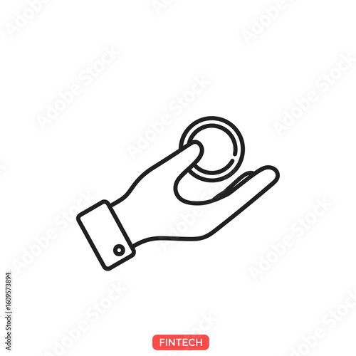 Line art icon of a hand holding a coin, symbolizing financial technology, payment, and investment concepts.