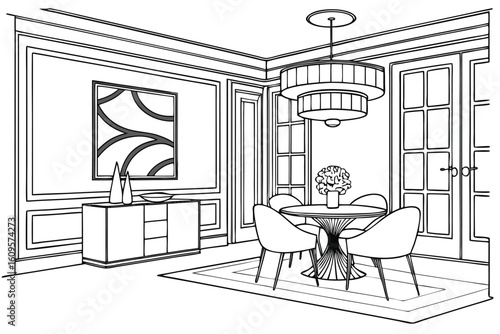 Interior design featuring a dining area with round table chairs chandelier and wall decorations present