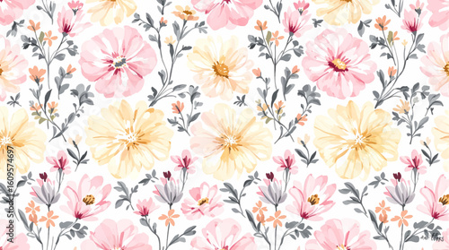 Watercolor vector art of a delicate pink flowers in full bloom, abstract beauty dusty blush background. The rose's velvety petals are gently unfurling, revealing a heart of golden stamens