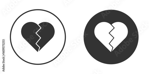 Broken heart icon in trendy flat design versions in black and white.
