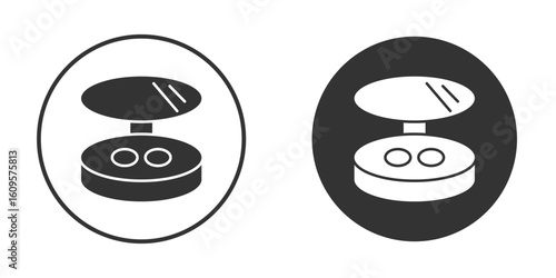 Cosmetic powder with mirror icon in trendy flat design versions in black and white.