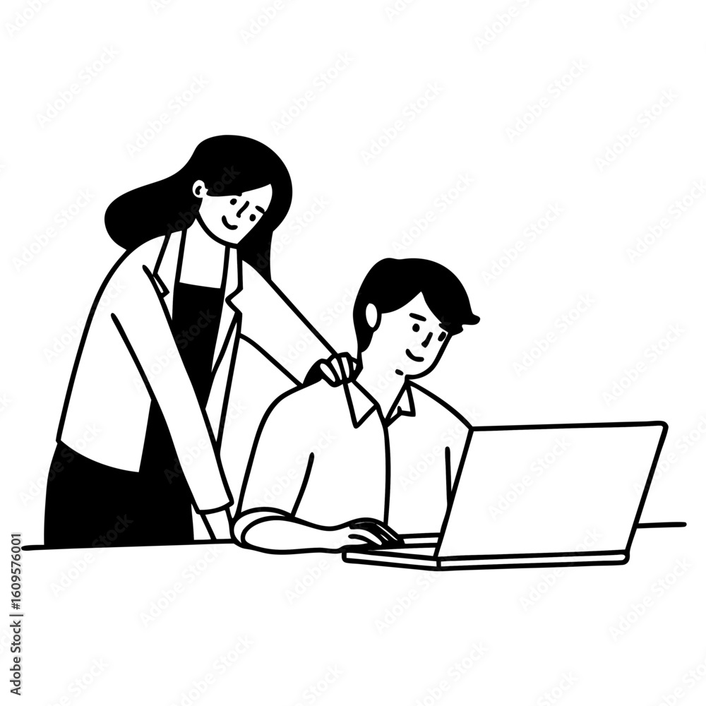 Woman helping man with laptop while sitting at desk in office Woman helping man with laptop while sitting at desk in office