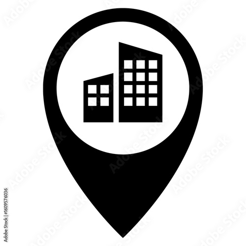 A flat vector icon of a business location marker with office buildings, representing a company headquarters map pin.