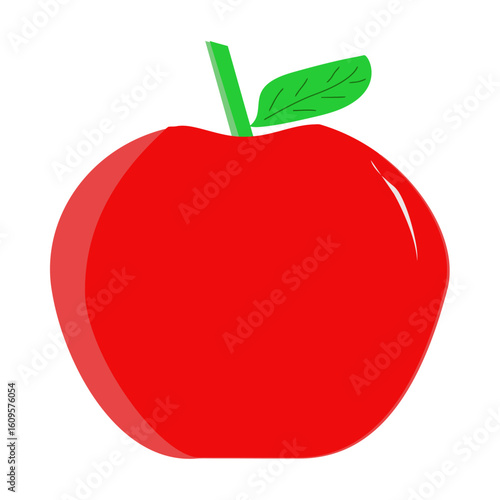 Simple and Vivid Red Apple Illustration with Green Leaf and Stem for Healthy Eating Concepts