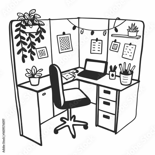 Cozy office cubicle with plants and desk setup for remote work  