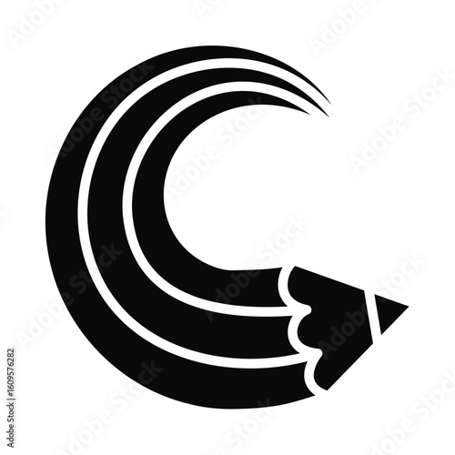 A creative pencil forming a dynamic C-shaped curve, a minimalist black vector icon perfect for a design or education logo.