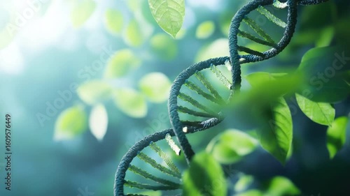 DNA Helix Surrounded by Green Leaves Symbolizing Nature, Growth, and Genetic Science in a Soft Focus Background 4k video footage