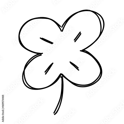 Hand-drawn sketch of a lucky four-leaf clover. Simple black and white line art doodle, a whimsical symbol of good fortune and nature.