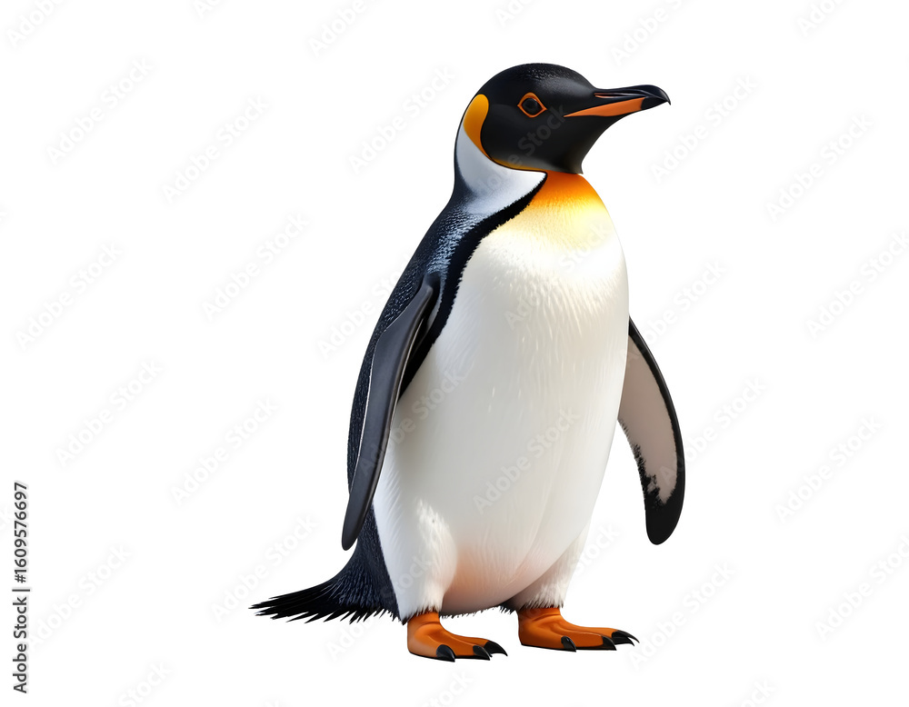 Obraz premium Realistic standing king penguin illustration with transparent background (PNG), perfect for wildlife designs, educational materials, and nature projects.