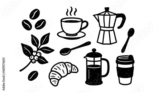 Hand drawn coffee elements: cup, beans, pot, and croissant in black and white
