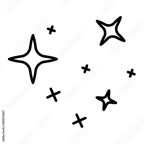 A minimalist set of hand-drawn twinkling star icons. Cute vector doodle of sparkle symbols for decoration on a white background.