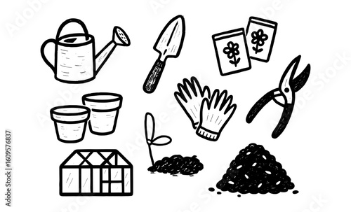 Hand drawn gardening tools and elements for creative design projects
