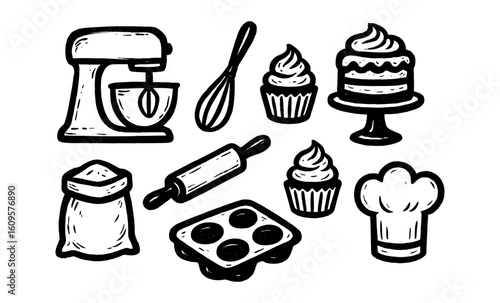 Hand-drawn baking icons featuring cake, cupcakes, and kitchen tools in a charming style