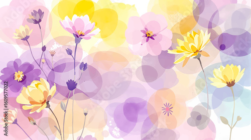 A seamless pattern of watercolor-style flowers and foliage. The flowers are various shades of pink and peach, with a soft, slightly muted color palette. The flowers have a rounded, full blossom shape.
