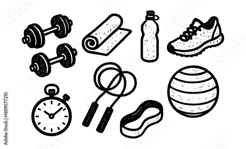 Monochrome fitness equipment set: hand drawn dumbbell, stopwatch, yoga mat, and more