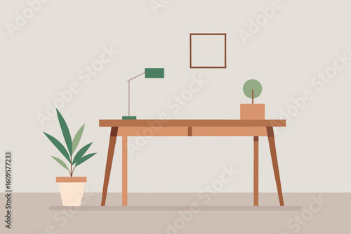 Modern office interior with stylish wooden furniture, an empty desk, and comfortable chairs