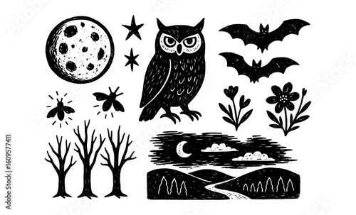 Hand-drawn nocturnal wildlife with moon, owl, and bats in doodle style