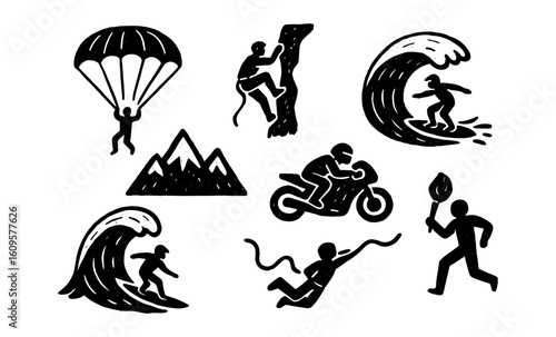 Adventure icons set featuring outdoor activities like surfing, climbing, and paragliding in bold black silhouette style