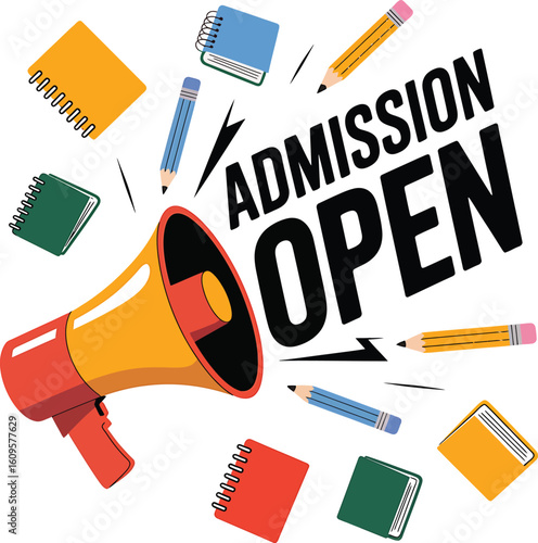 Admission Open Sign Banner. Flat Graphic Megaphone with School Supplies for Education, College, and University Enrollment