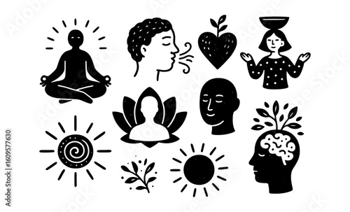 Mindfulness and wellness icons featuring meditation, breathing, and healing symbols