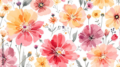 A seamless pattern of watercolor-style flowers and foliage. The flowers are various shades of pink and peach, with a soft, slightly muted color palette. The flowers have a rounded, full blossom shape.