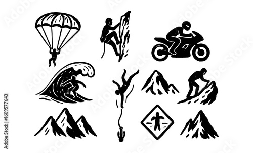 Adventures in adventure sports: parachuting, climbing, and extreme activities in bold silhouette style