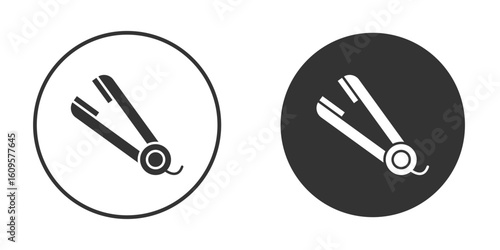 Hair straightener icon in trendy flat design versions in black and white.
