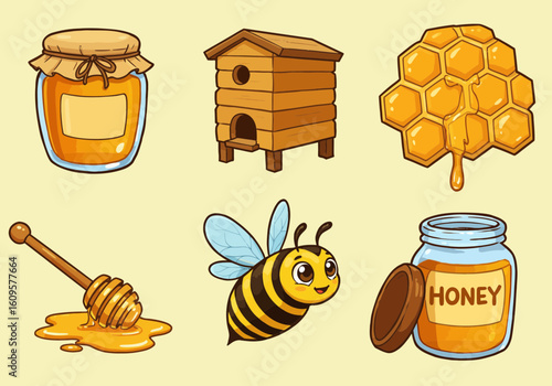 Cartoon illustration of honey-related elements: a jar of honey, a beehive, honeycomb, honey dipper, and a cute bee.