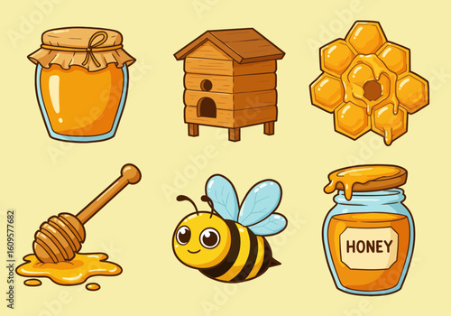 Cartoon illustration featuring honey elements: a jar, beehive, honeycomb, honey dipper, and a cute bee on a light yellow background.