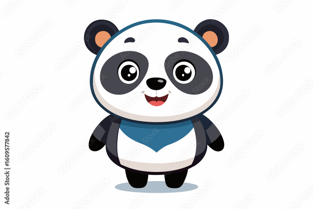 Naklejka premium Adorable cartoon illustration of a standing panda with big round eyes, blushing cheeks, and a happy smile, set against a soft pastel background.