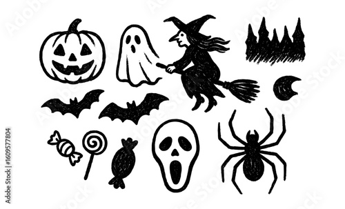 Halloween doodle collection featuring witch, ghost, and pumpkin