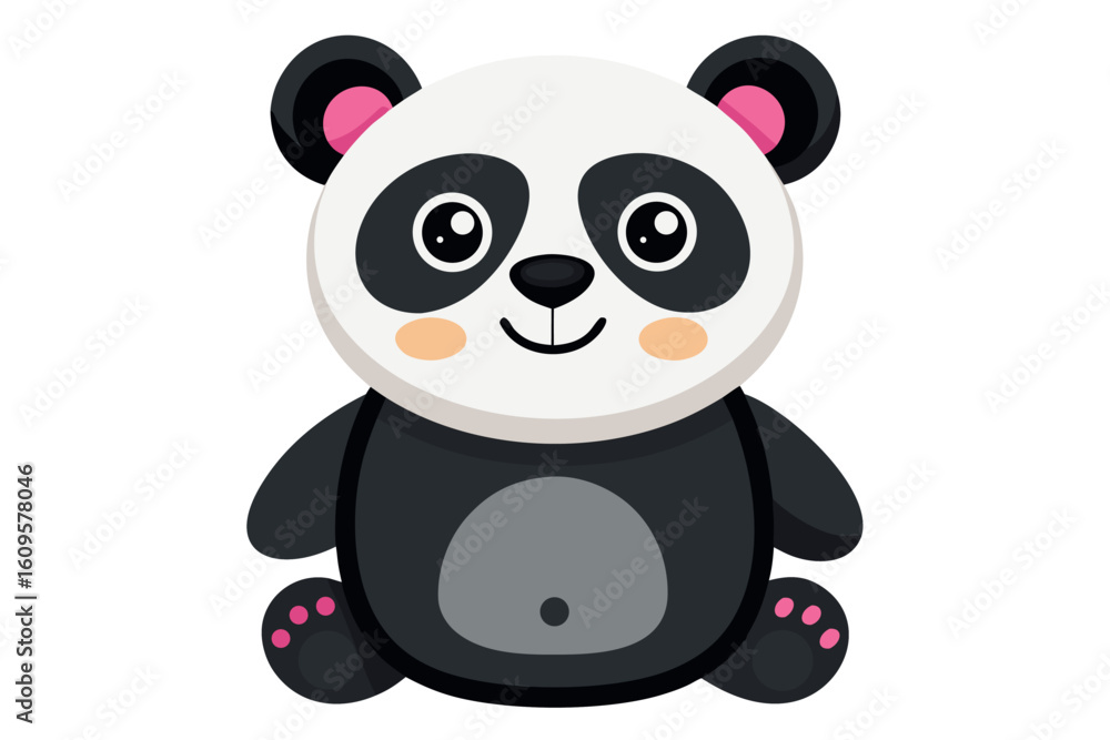 Fototapeta premium Adorable cartoon illustration of a standing panda with big round eyes, blushing cheeks, and a happy smile, set against a soft pastel background.